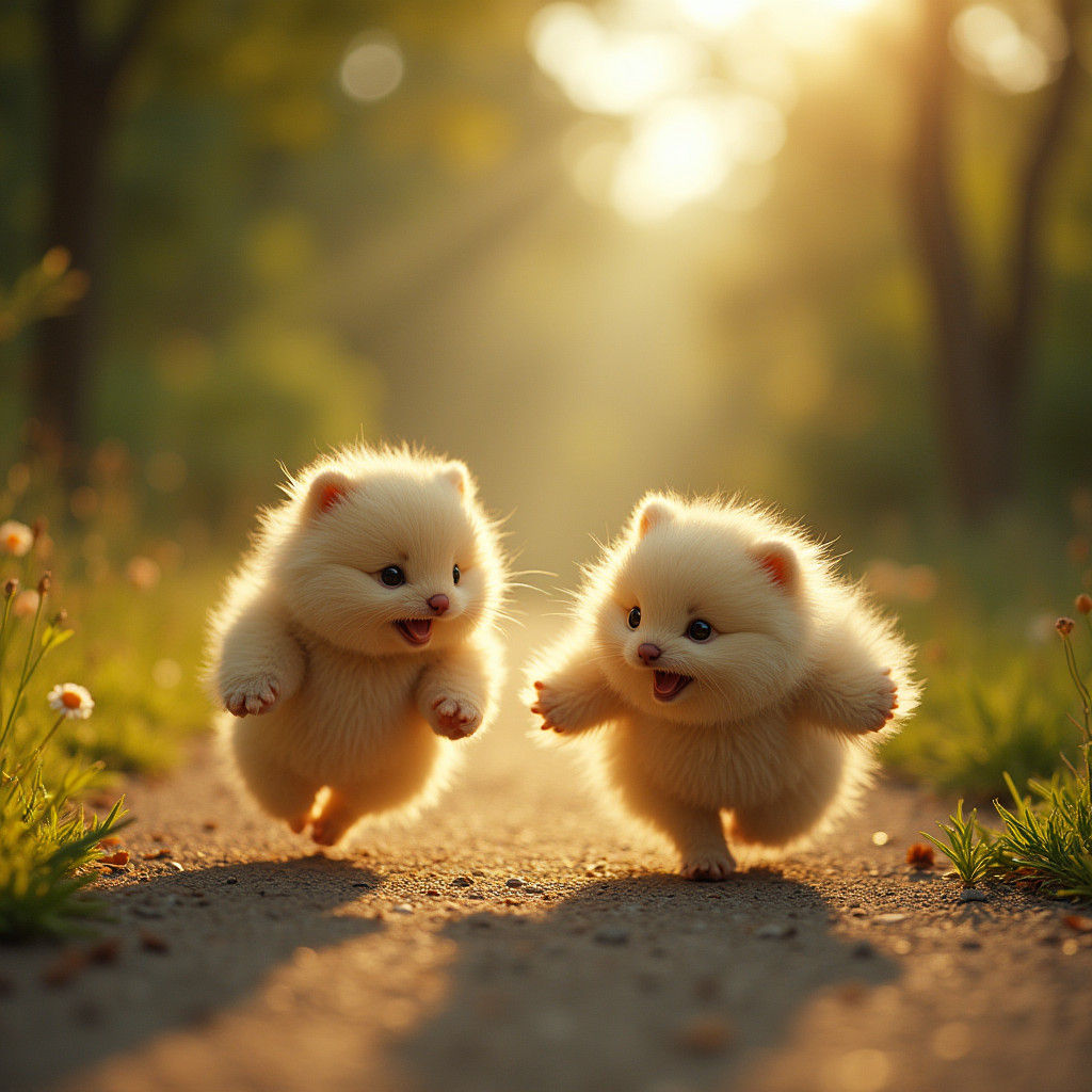 Playful Fluffy Puppies in Golden Light