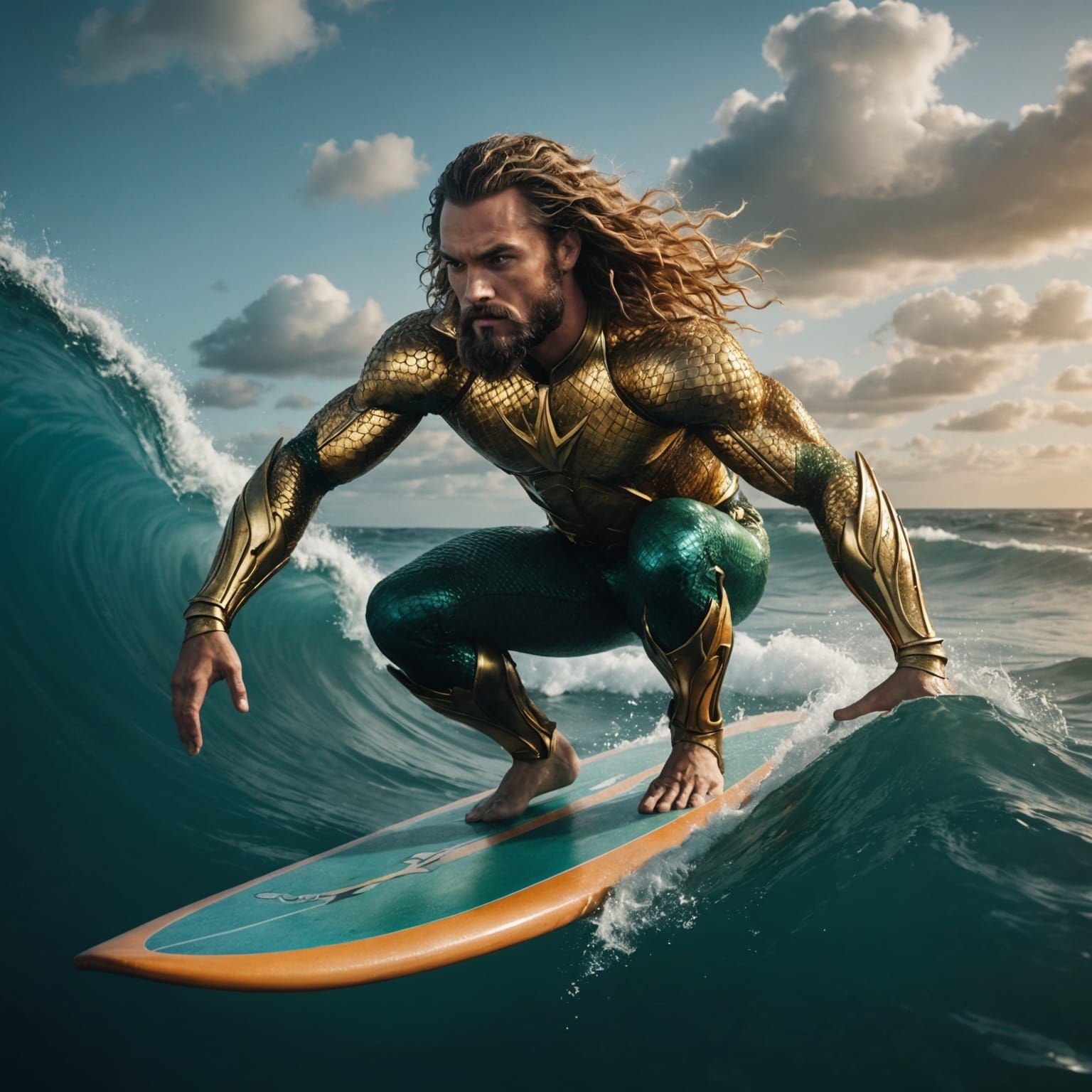 Aquaman Surfing Dolphin in Cinematic Studio Photo