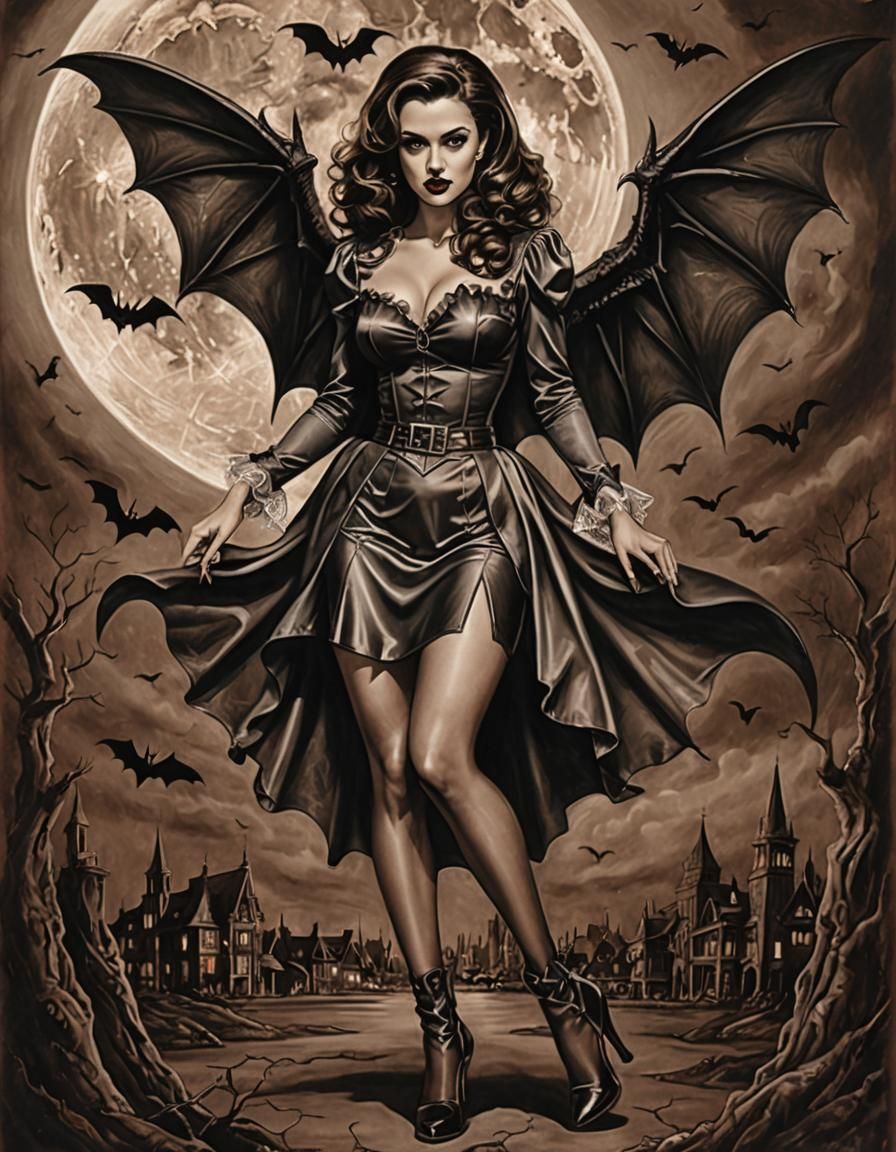 Vampire Pin-Up with Demonic Wings in Charcoal