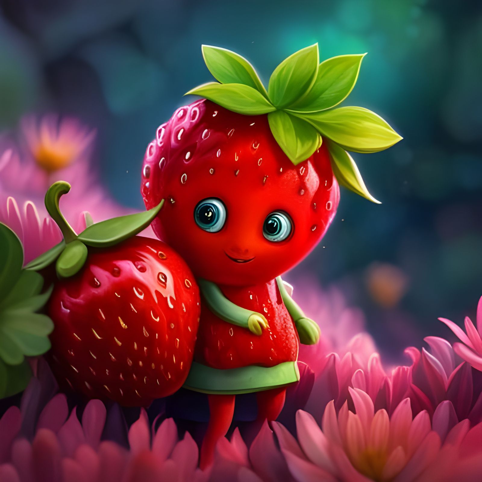 Cute Strawberry Creature in Magical Garden as Oil Painting