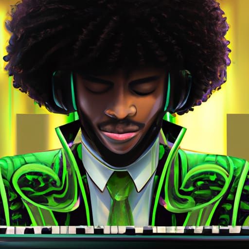Man in Black Suit Plays Keyboard, Hyperdetailed Portrait