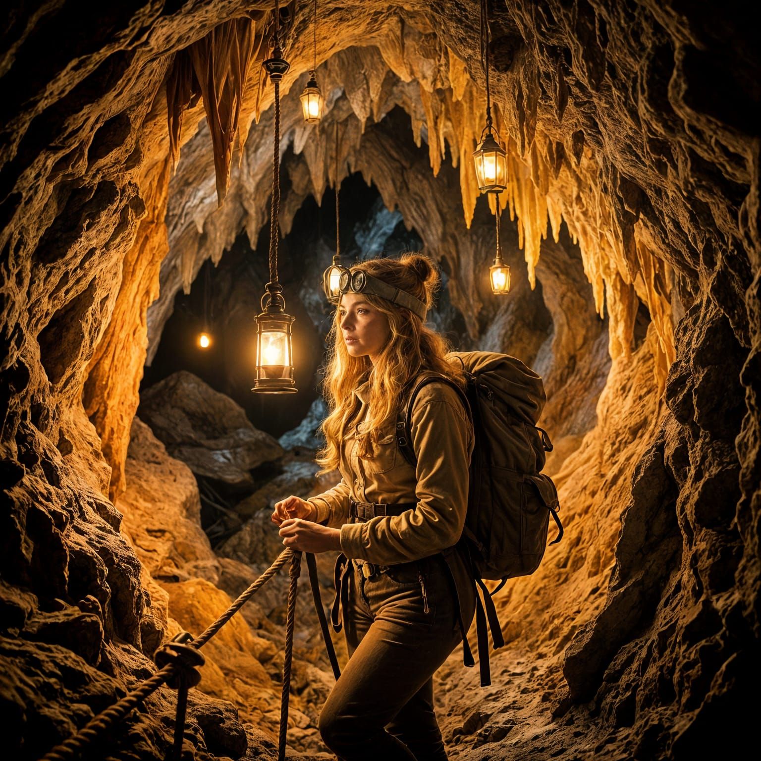 1950s Explorer in Limestone Cavern with Amber Light