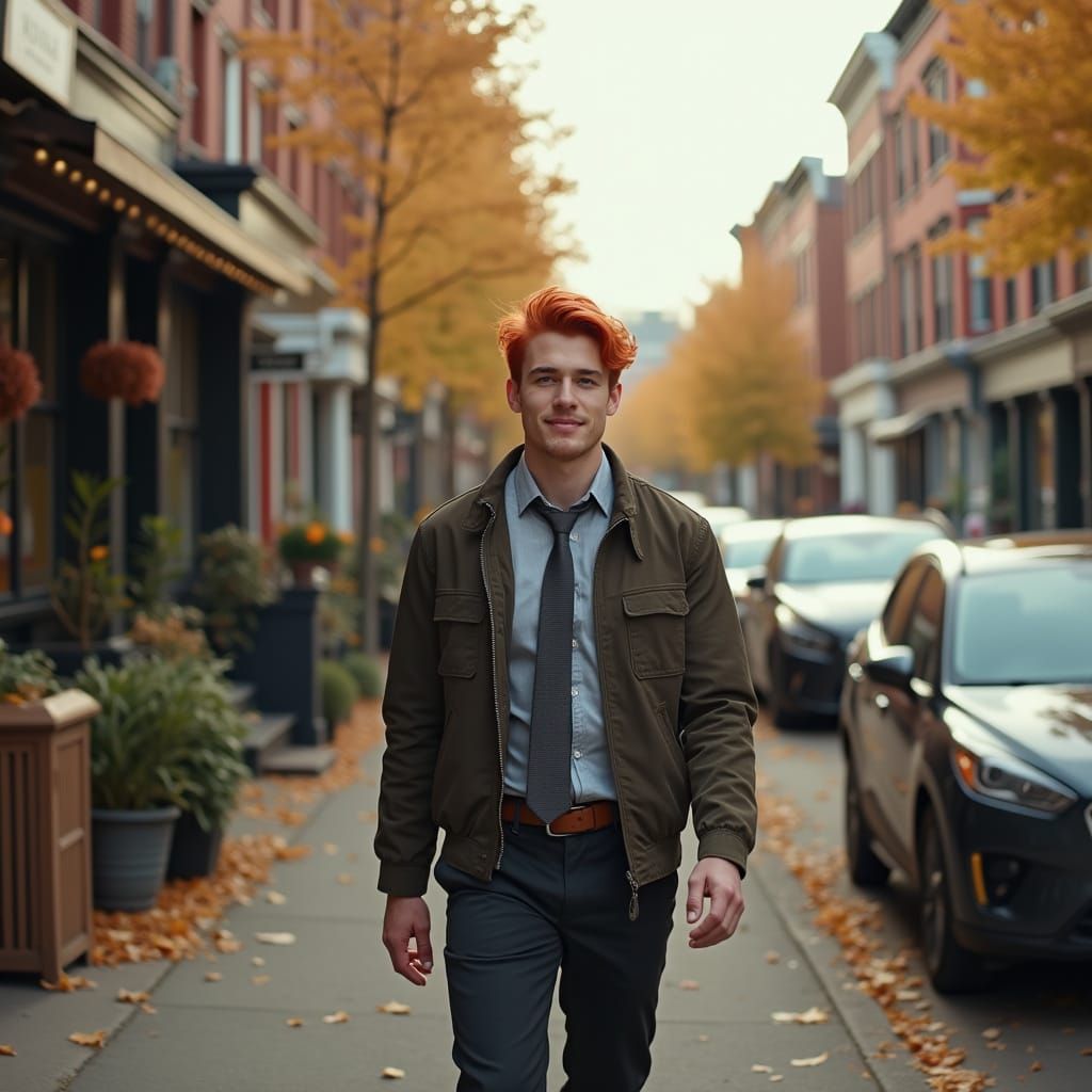 Young Man in Jacket on Bustling Autumn Street