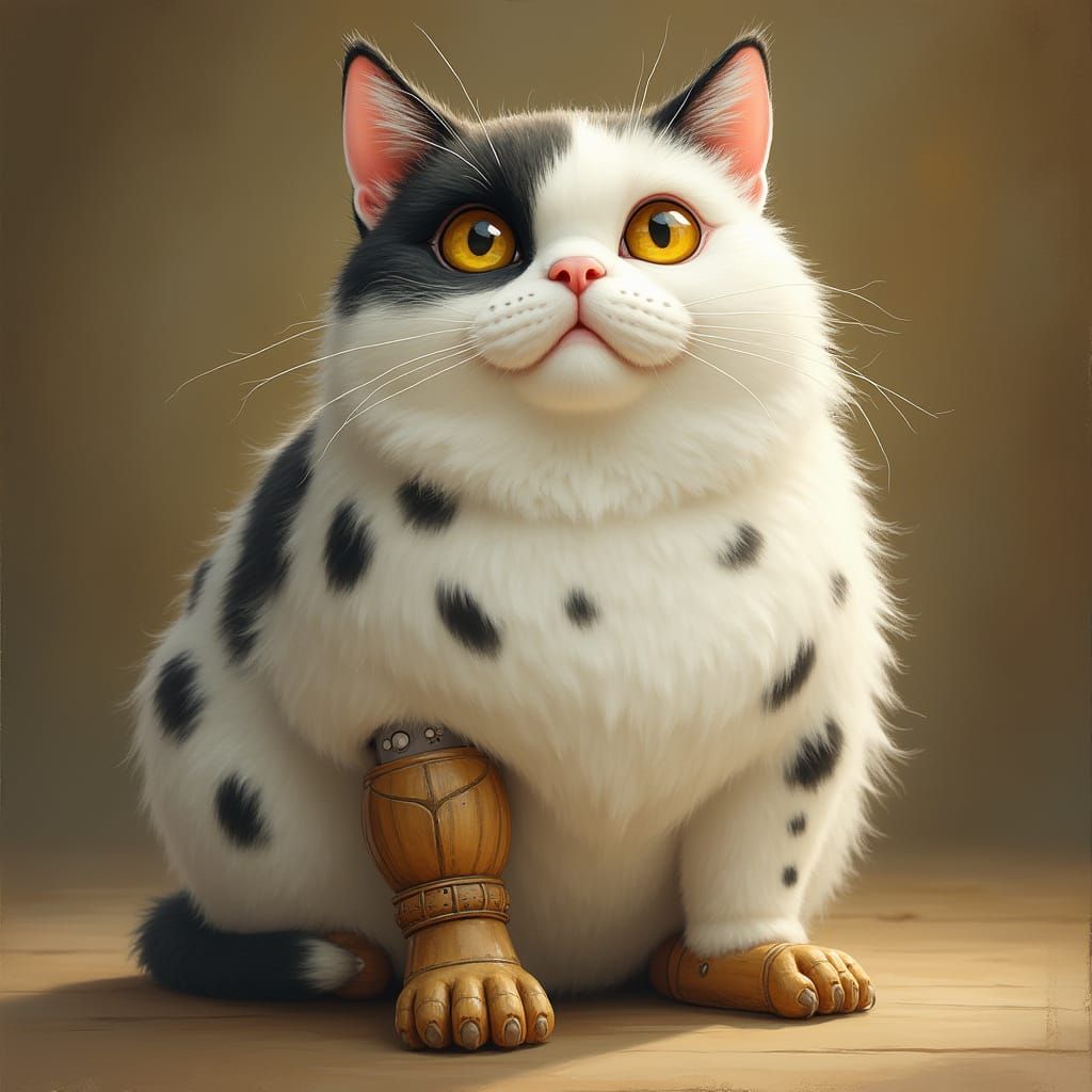 Chubby Whimsical Kitty Cat with Wooden Prosthetic Leg