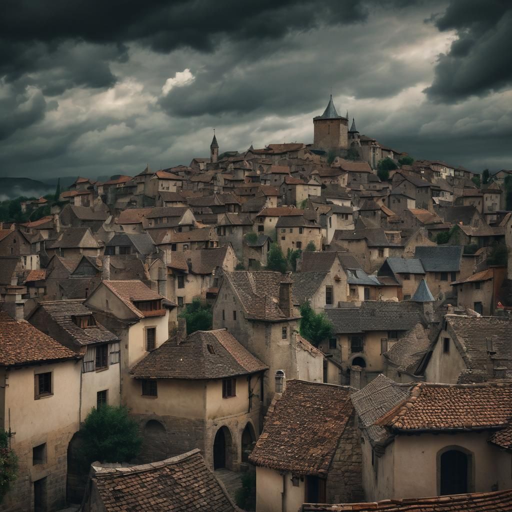 Stormy Skies Over Medieval Village