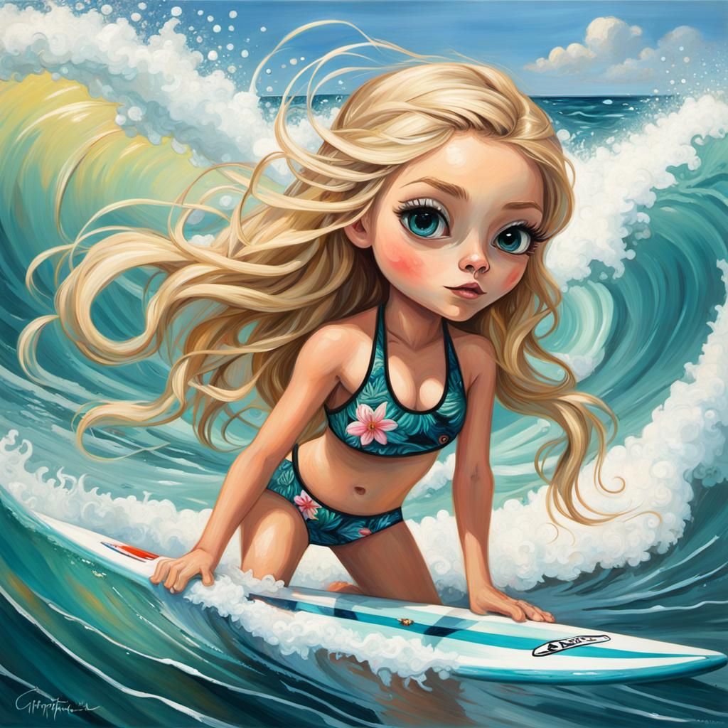 Chibi Surfer Girl on a Wave: Oil Painting