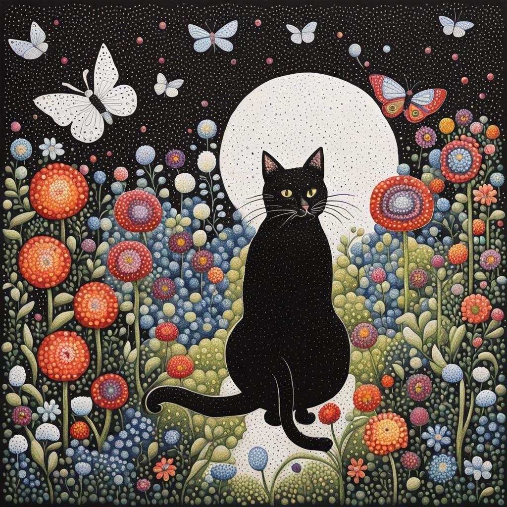 Black and White Cat in Pointillism Garden