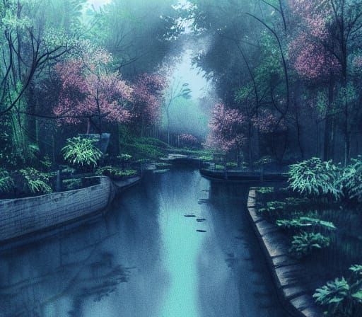 Overgrown Sci-Fi City Canal in Watercolor Style