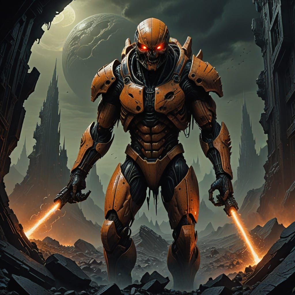 Cybernetic Alien Gladiator in Barren, Rust-Hued Landscape