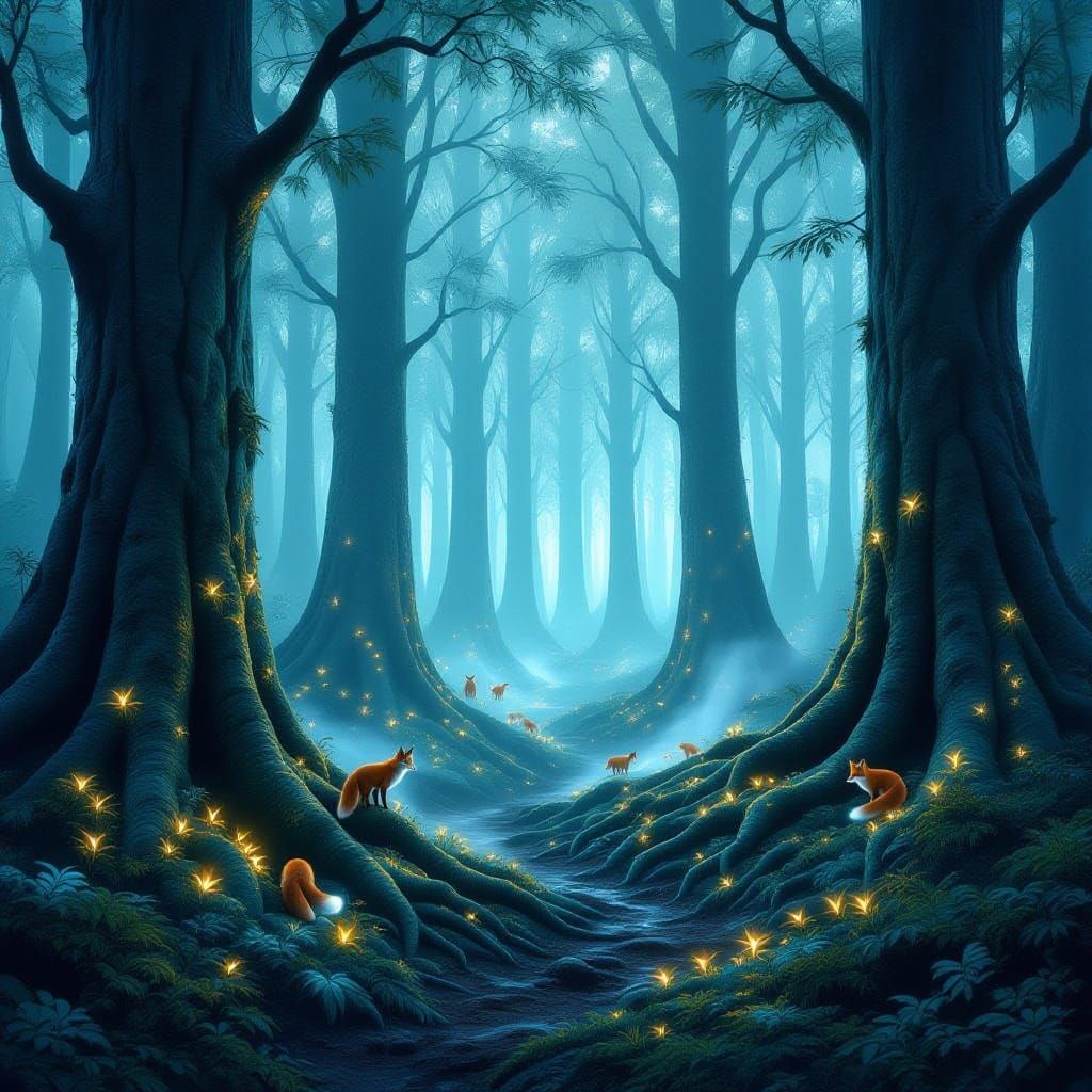 Mystical Crystal Forest with Glowing Roots and Foxes