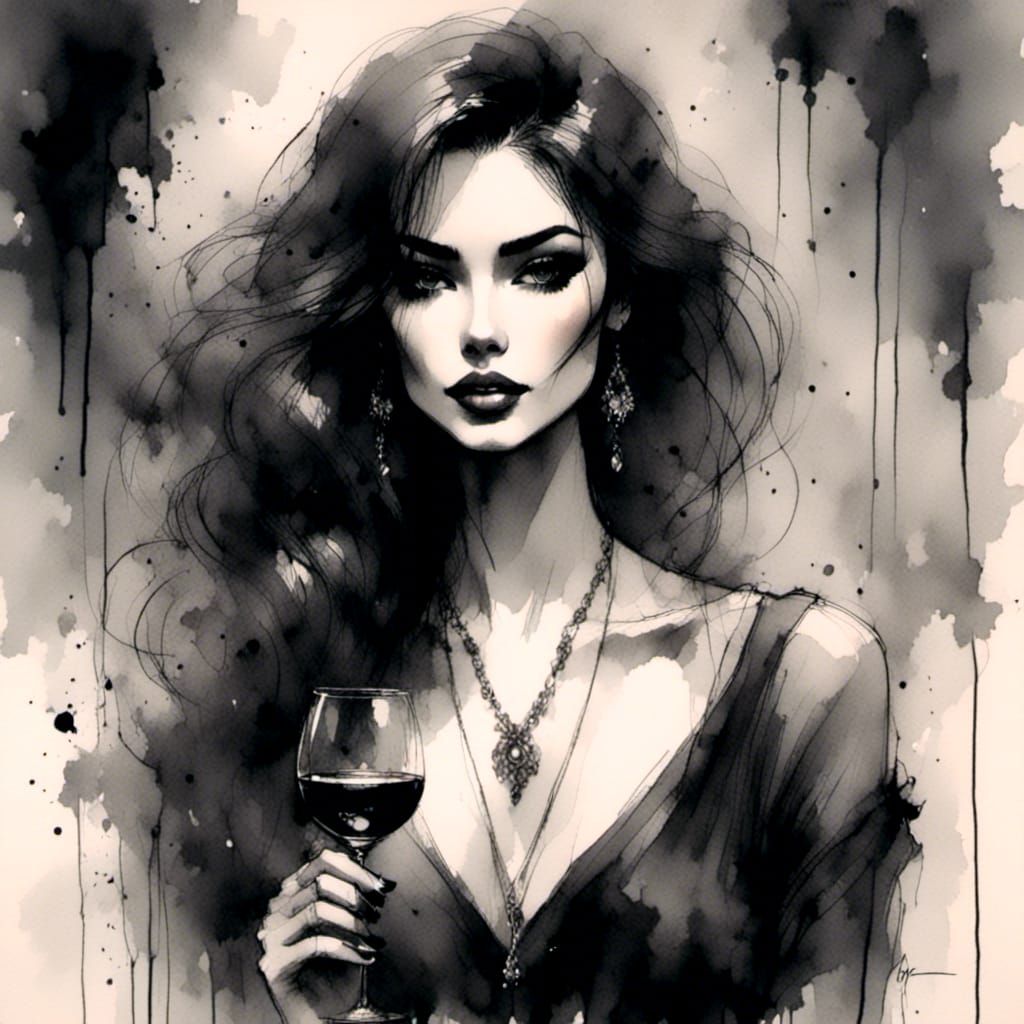 High-Contrast Charcoal Sketch of Woman with Wine