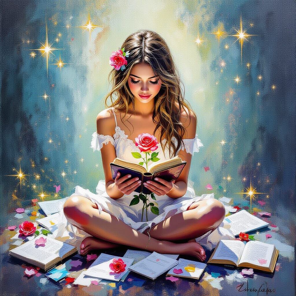 Girl with Rose and Bible in Dreamlike Neo-Impressionism