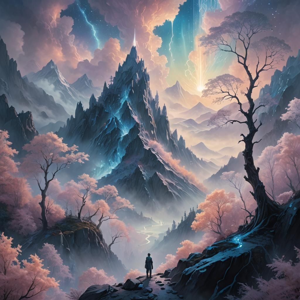 Ethereal Fantasy Scene with Glowing Trees and Crystal Struct...