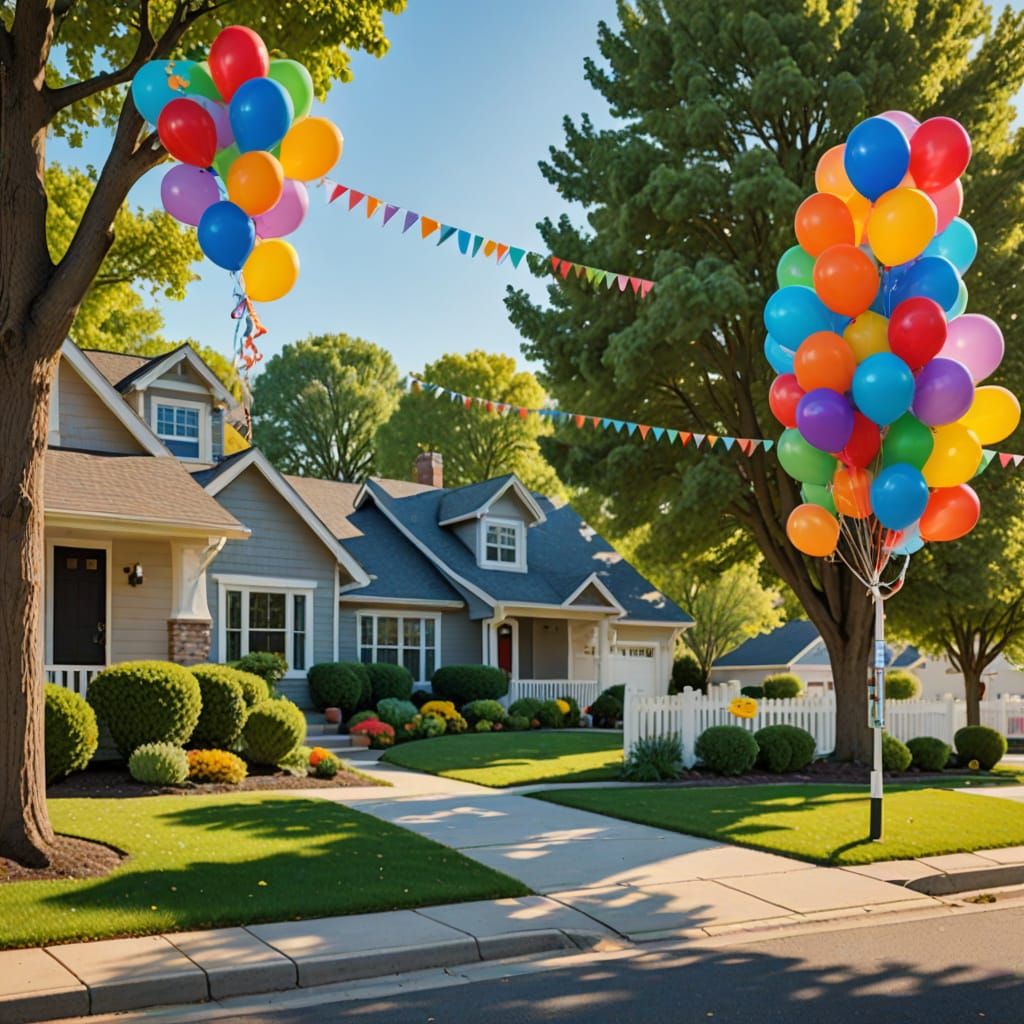 Vibrant Suburban Birthday Celebration in David Hockney Style