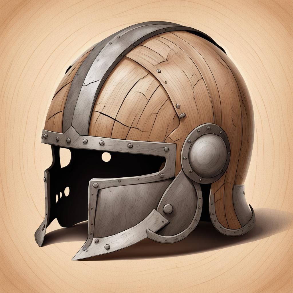 Damaged Ancient Helmet Fantasy Cartoon Pencil Drawing