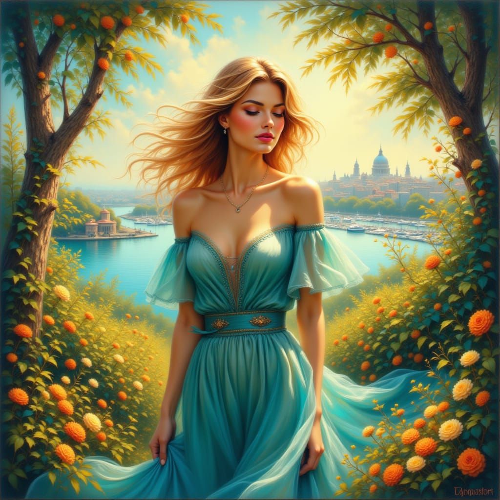 Surreal Woman in Lush Gardens Overlooking City