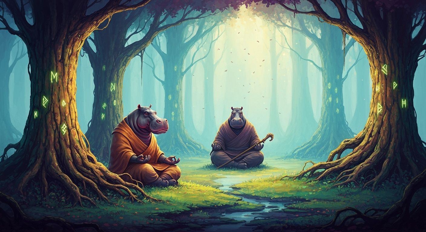 Majestic Hippo Monk Meditating in Mystical Forest