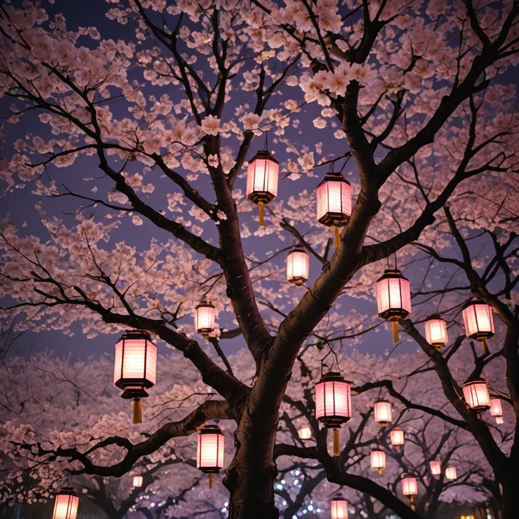 Glowing Cherry Blossom Tree in Dreamlike Garden