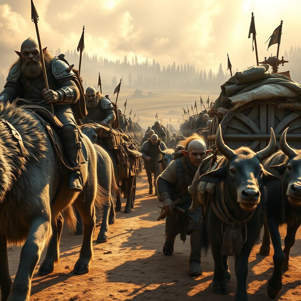 Medieval Goblin Caravan Through Burning Village