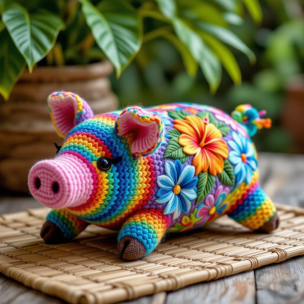 Vibrant Crochet Pig with Batik Florals