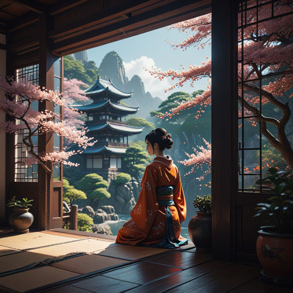 Surreal Japanese Oasis with Serene Woman and Cherry Blossoms