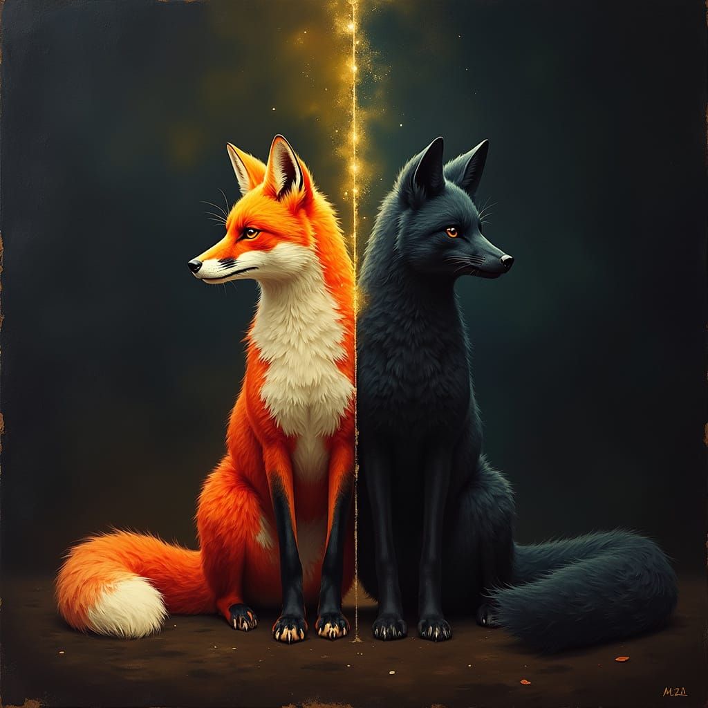 Light and Dark Foxes: Epic High-Contrast Painting