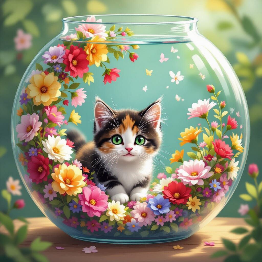 Calico Kitten Peeking From Flower Aquarium in Illustrative S...