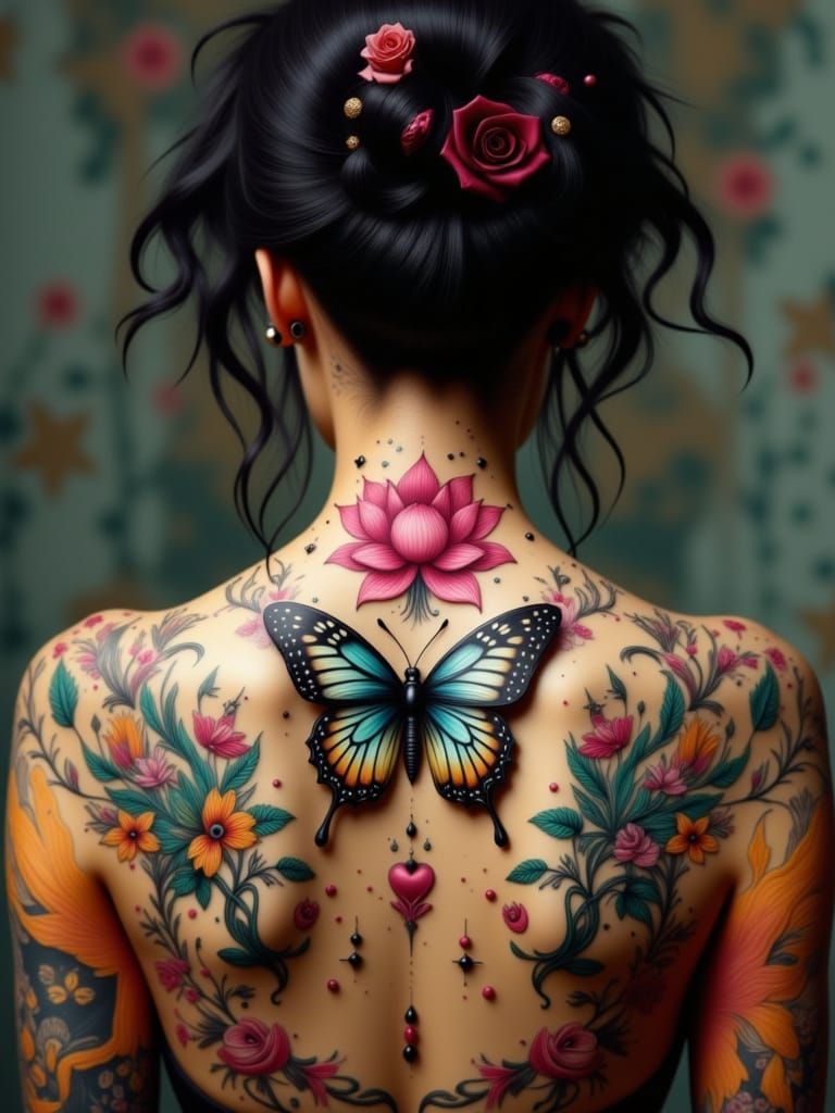 Ornate Butterfly and Lotus Tattoo on Woman's Neck