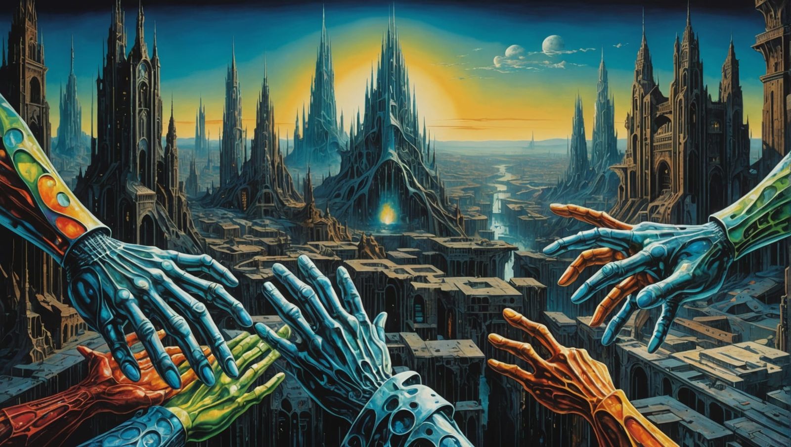 Holographic Hands in Surreal Futuristic Cityscape