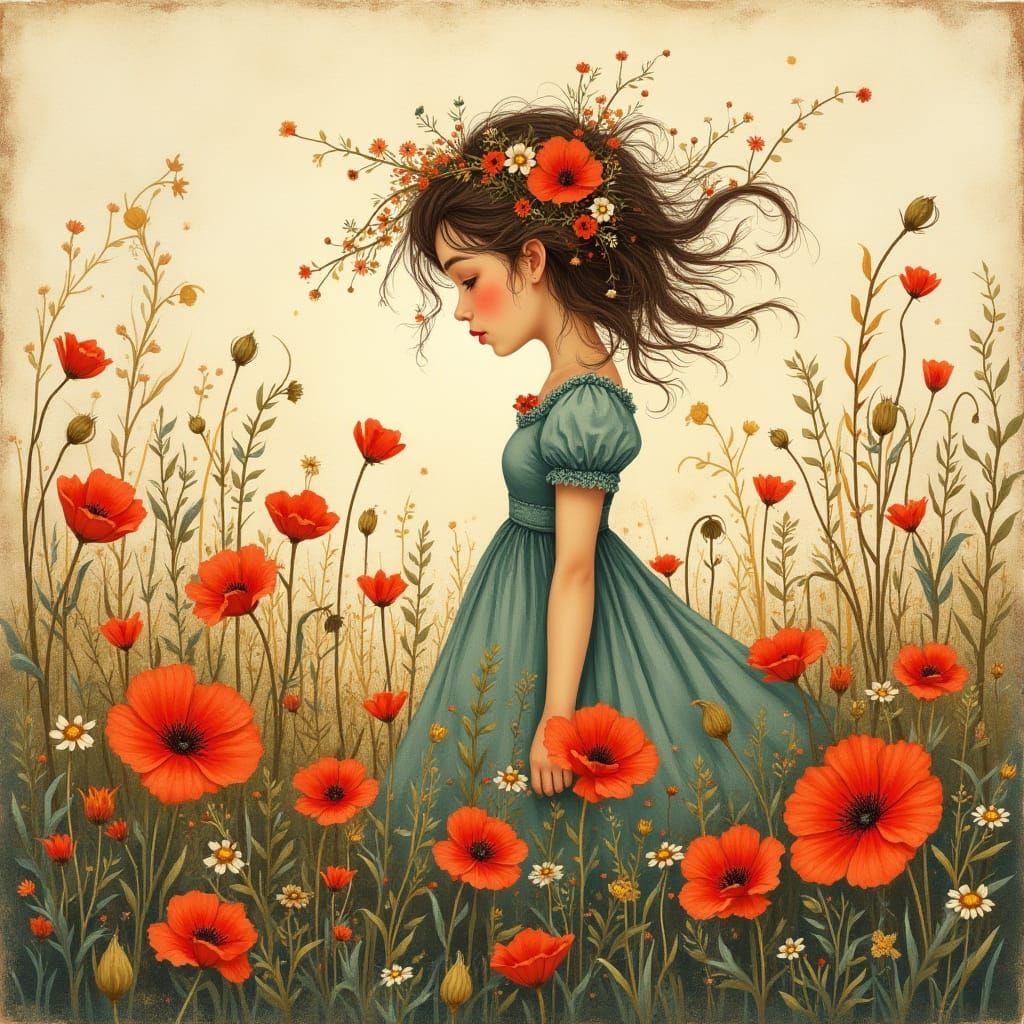 Lady Surrounded by Poppies in Whimsical Felt Sketch Style