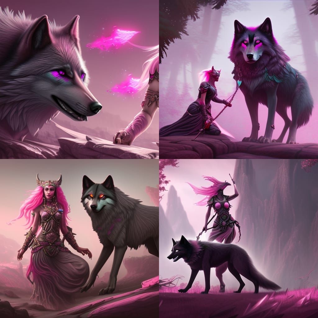 Pink Goddess and Dark Wolf Fantasy Art