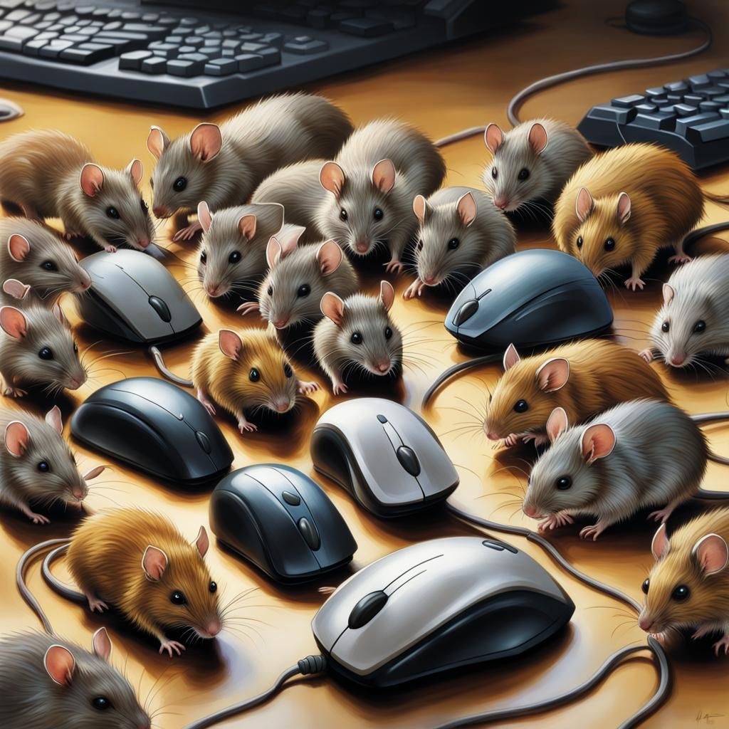 Herd of computer mouses, and mechanical keyboards, 1980s, computer rodents, rats eating grain and Swiss cheese, long tai...