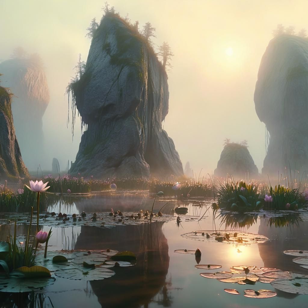 Majestic Fantasy Landscape: Serene Rock Formations in Foggy...