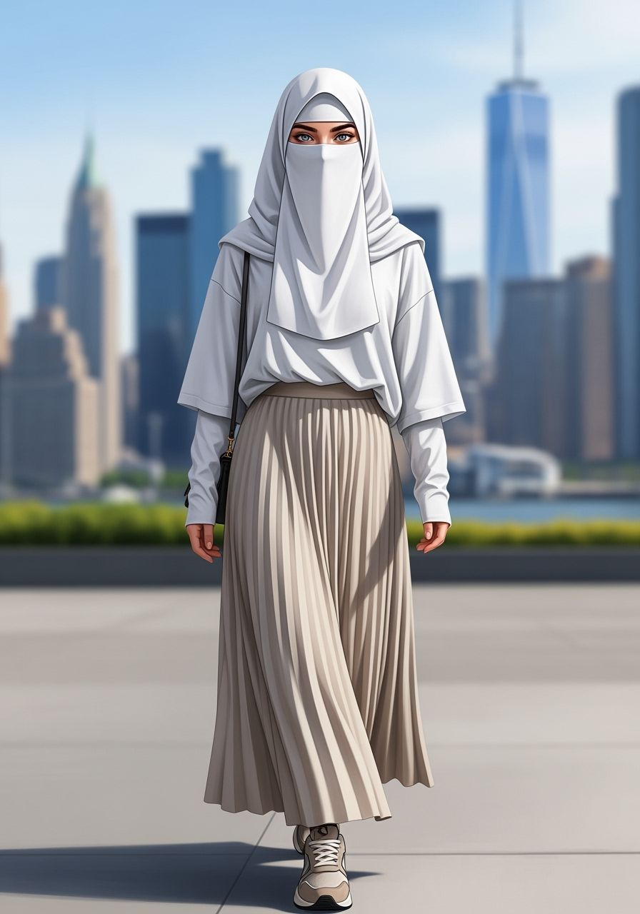 Niqabi Woman in Cityscape, Digital Art Portrait