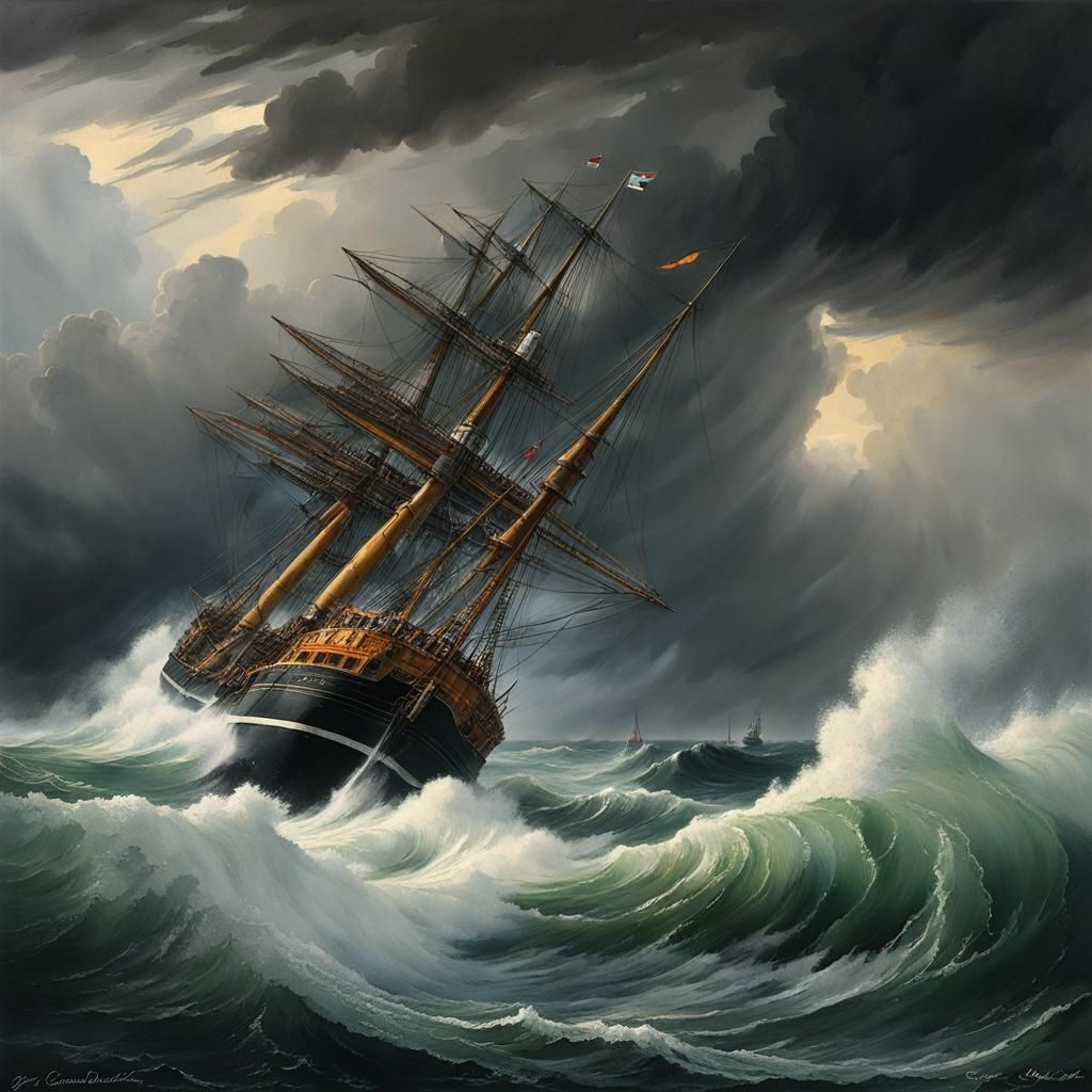 Dramatic Sea Storm in Watercolor Graphic Style