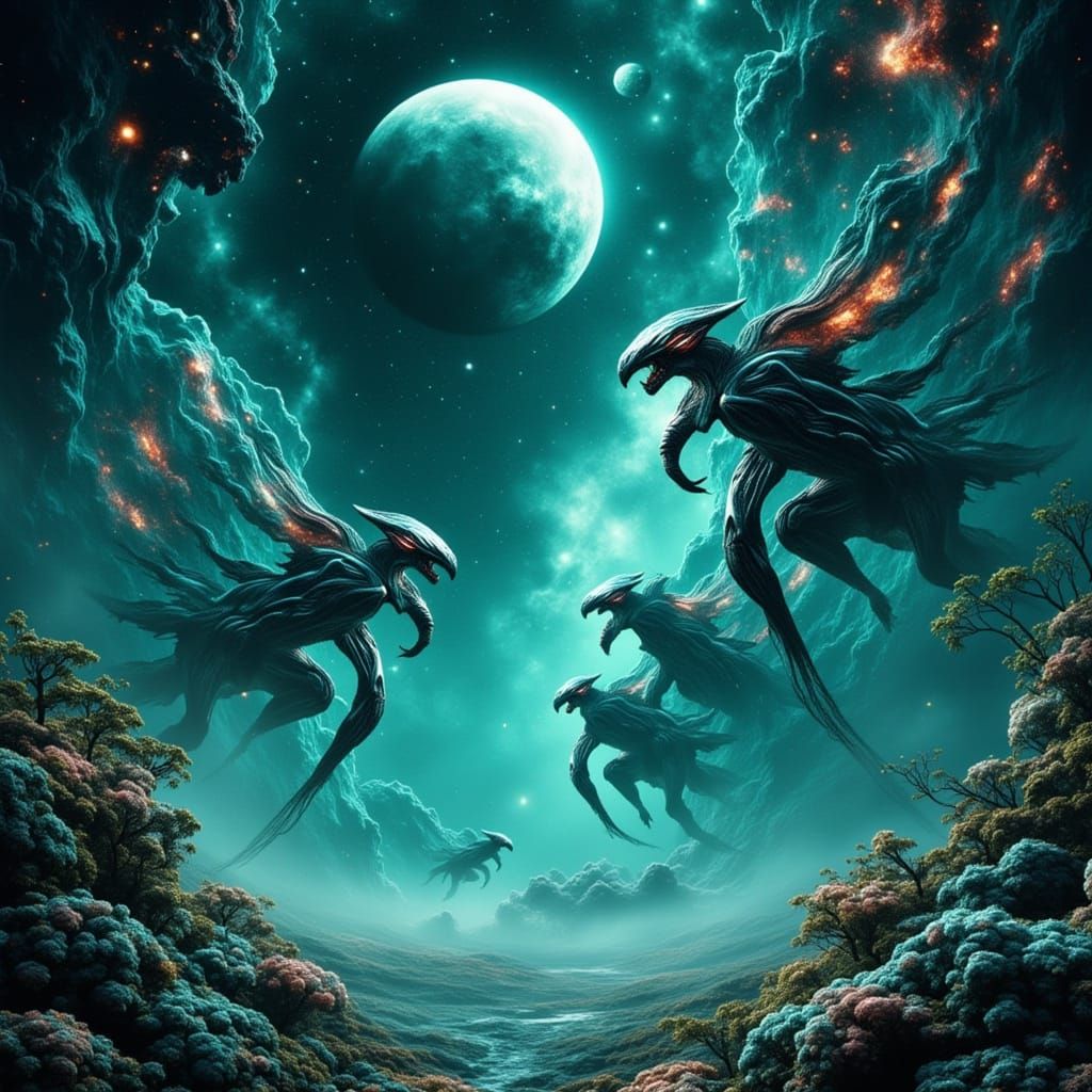 Alien Creatures Soaring Through Starry Galaxy