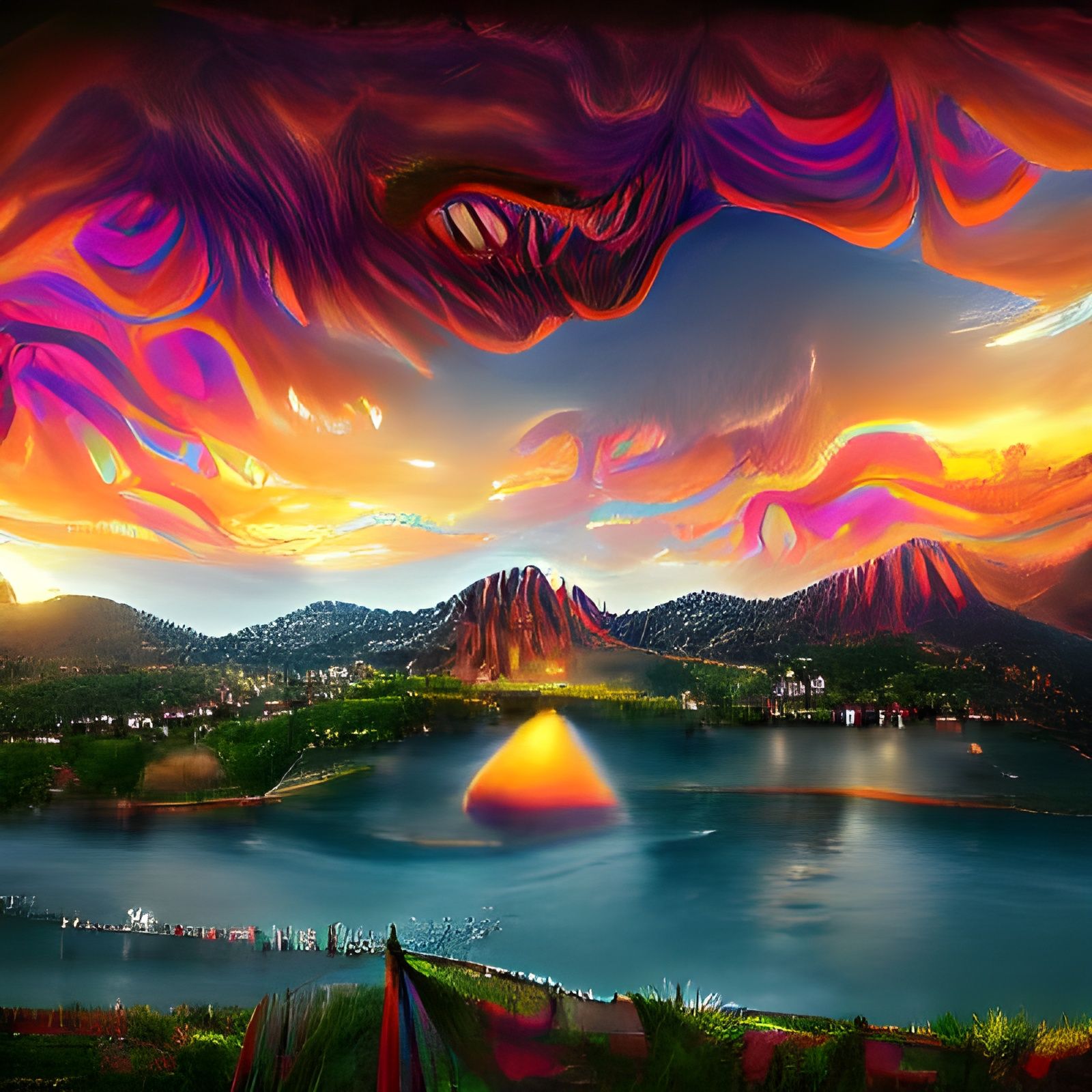 Trippy Sunset Over Mountain Lake: Psychedelic Art