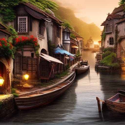 Scenic Fishing Village Digital Matte Painting