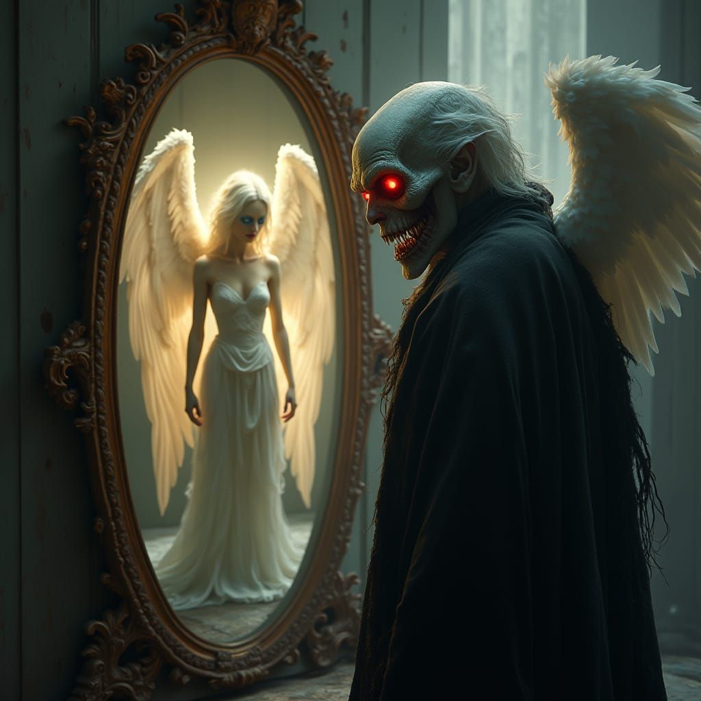 Ghoul Transforms into Angel in Mysterious Mirror Reflection