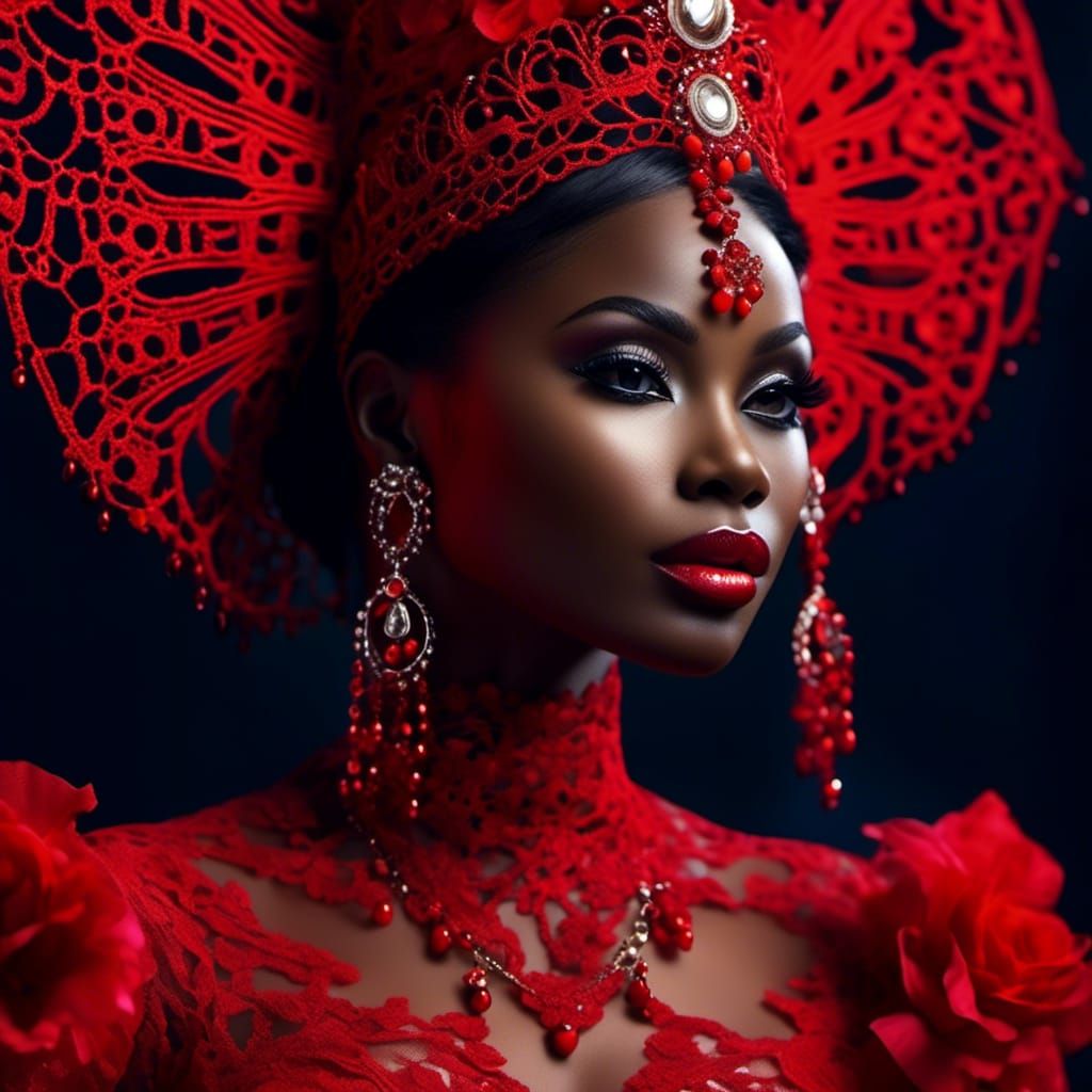 Elegant Nigerian Woman in Red Latex, Hyperreal Art