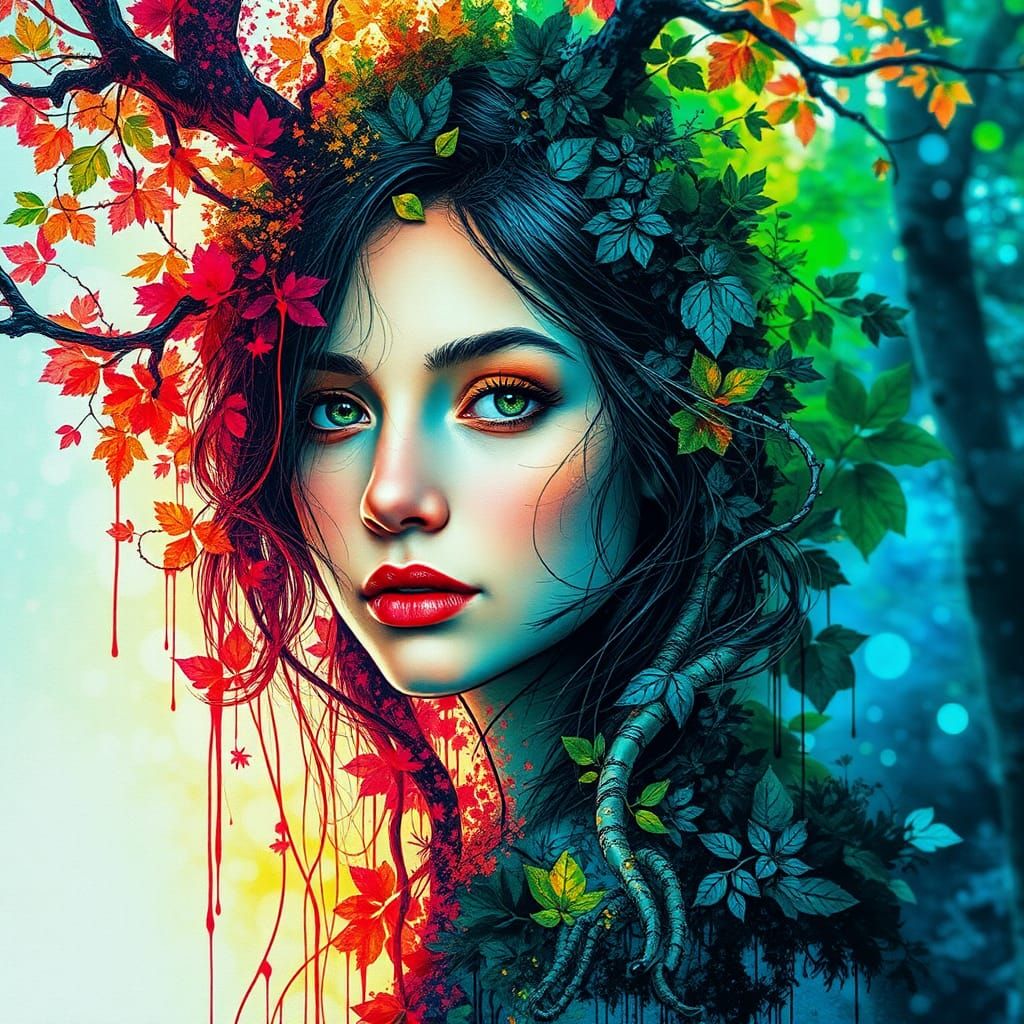 Enchanted Forest Girl: Ink Painting Double Exposure