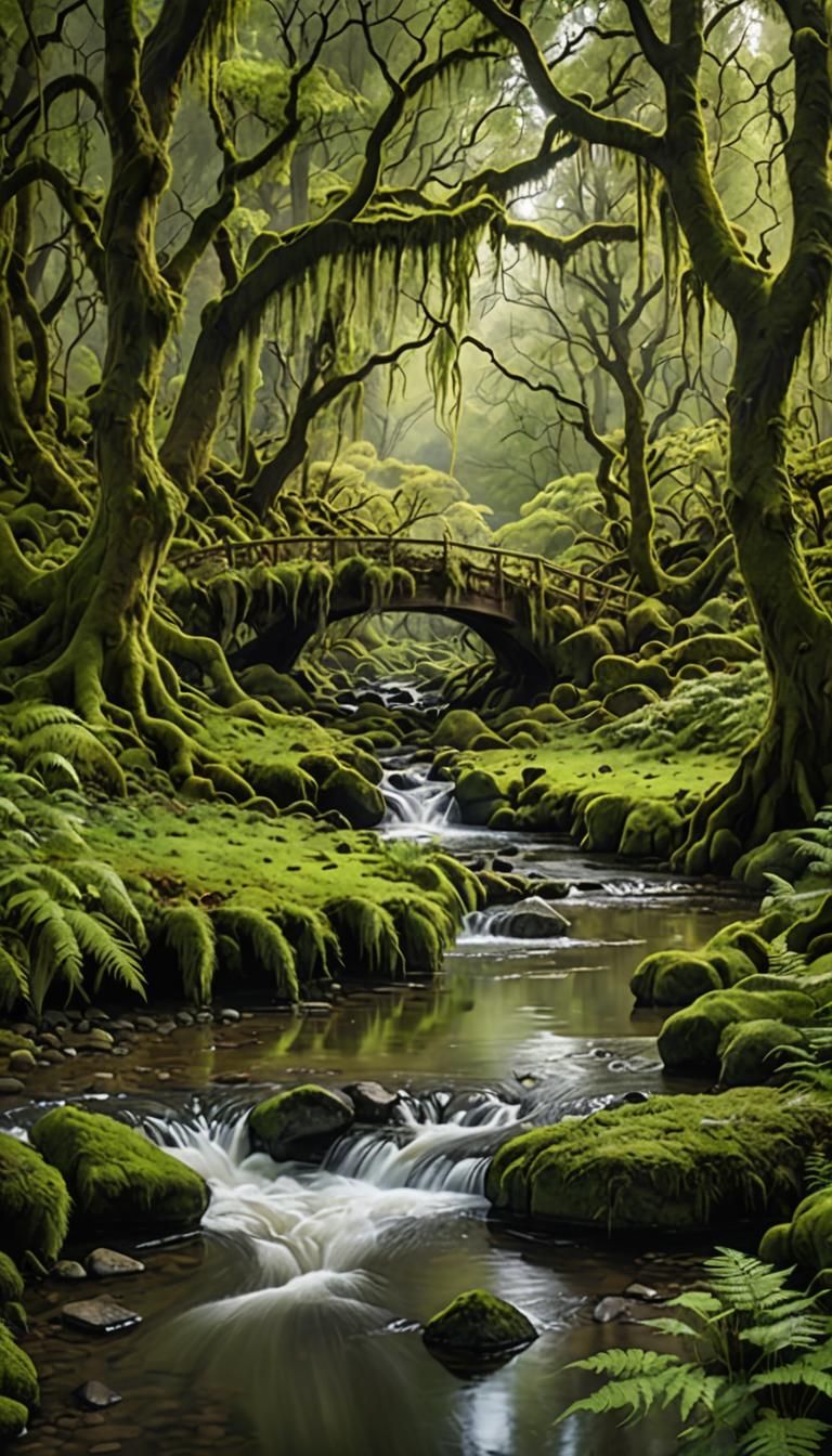 Weeping Willows by a Stream with God Rays
