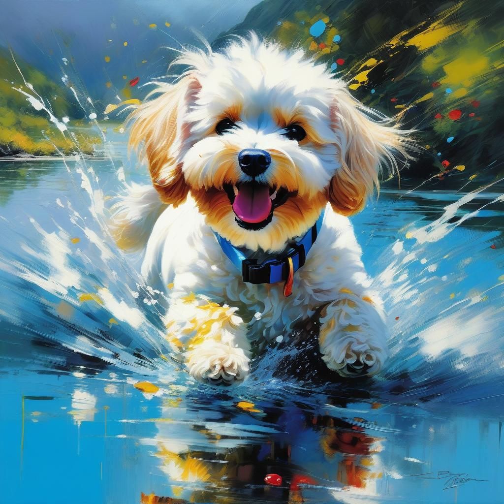Joyful Bichon Frisé Swimming: Fine Art Oil Painting