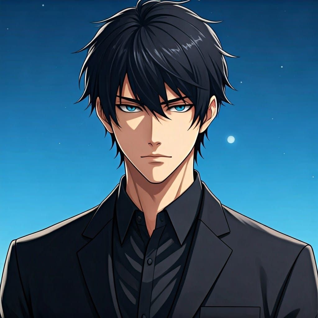 Handsome Anime Character in Black Suit, Manga Style