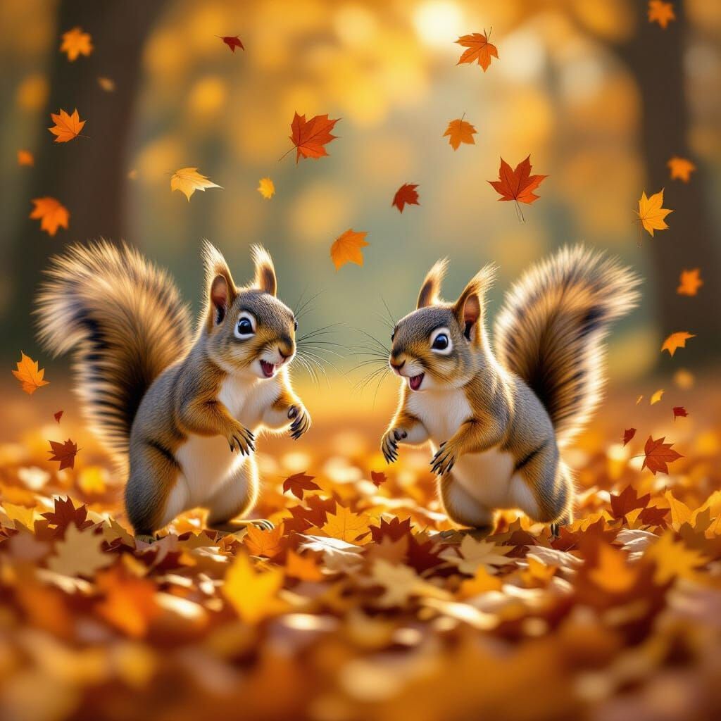 Energetic Squirrels Chase Through Autumn Leaves in Digital S...