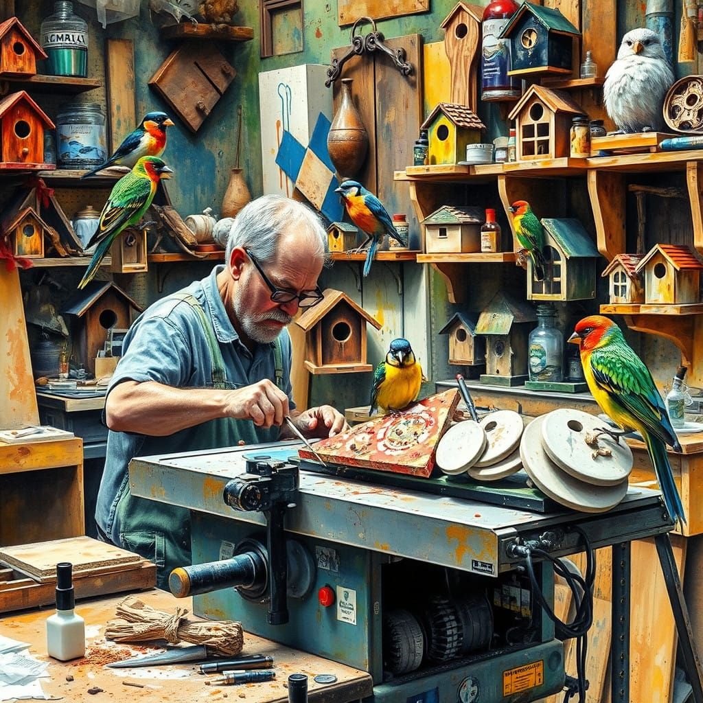 Vibrant Workshop Scene with Carpenter and Birds