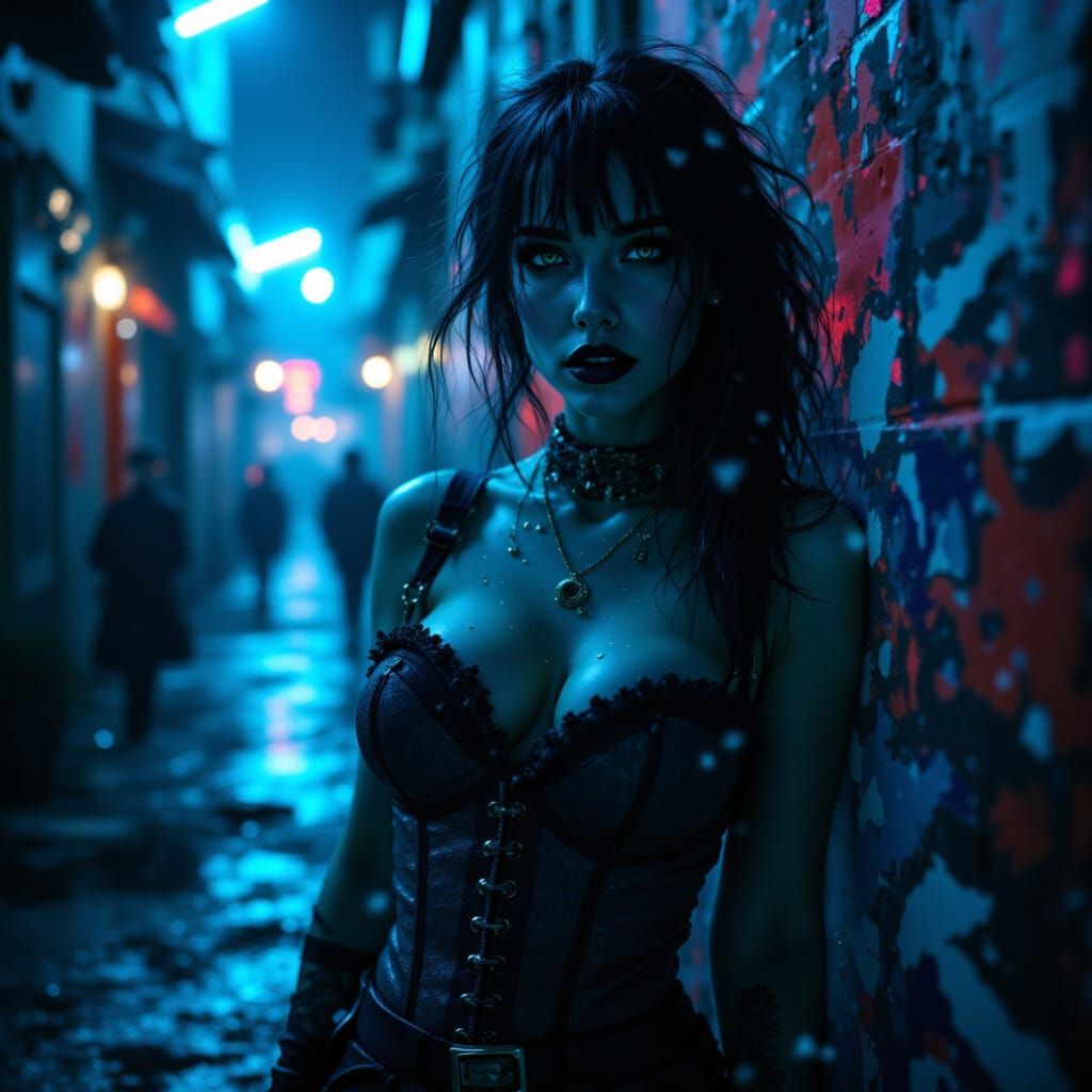 Grunge Rebel Woman in Wet Urban Reflections