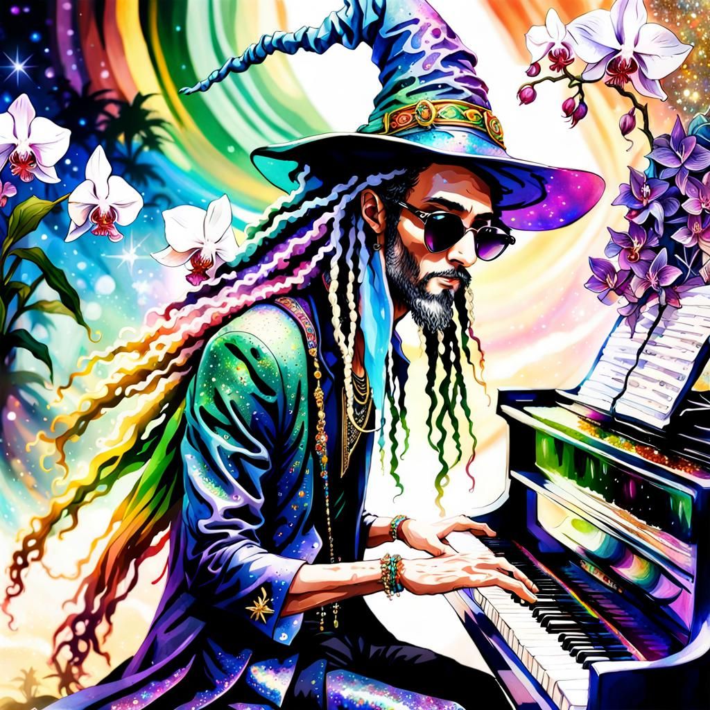 Magical Wizard and Nymph Play Piano in Watercolor