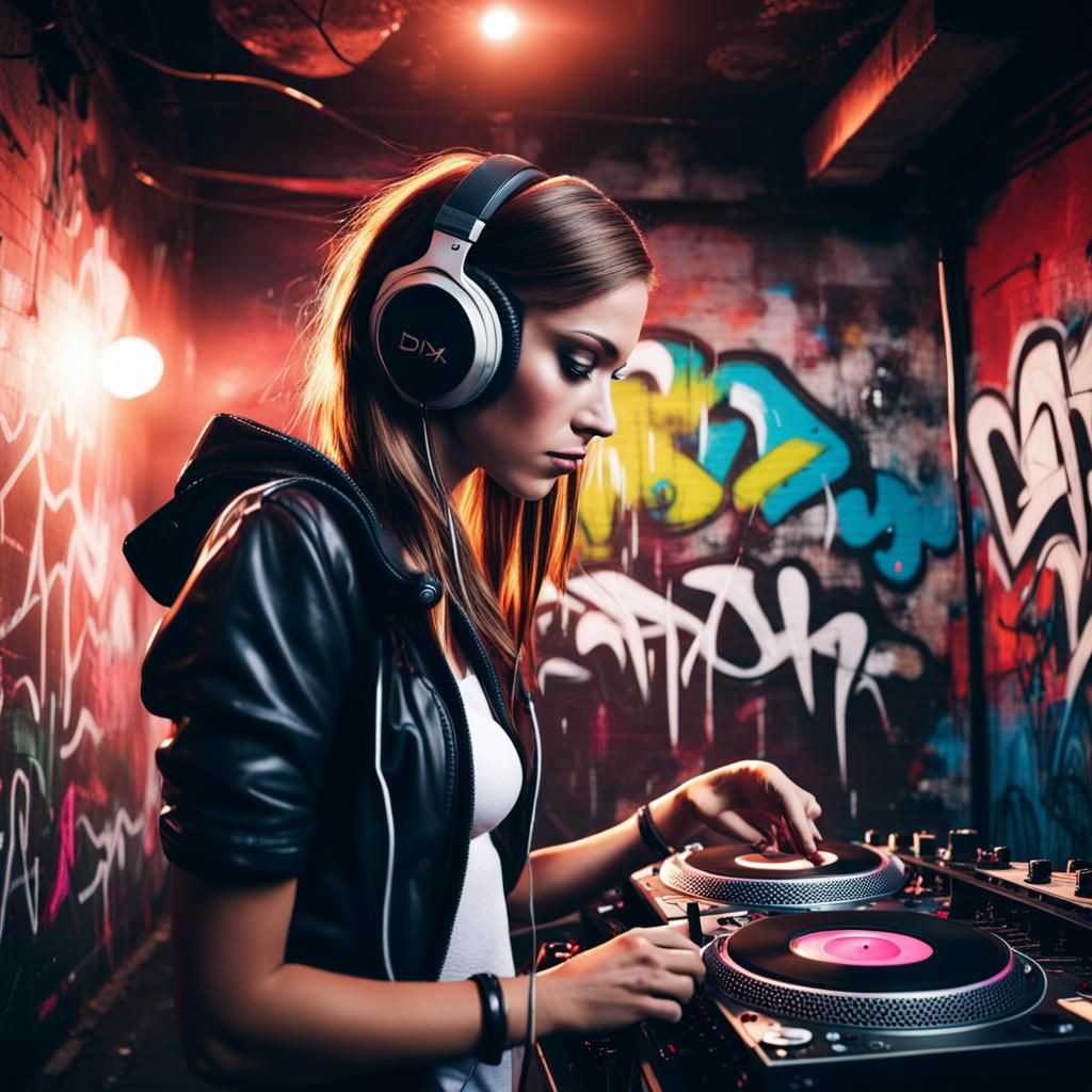 Nightclub Scene with DJ, Graffiti Art