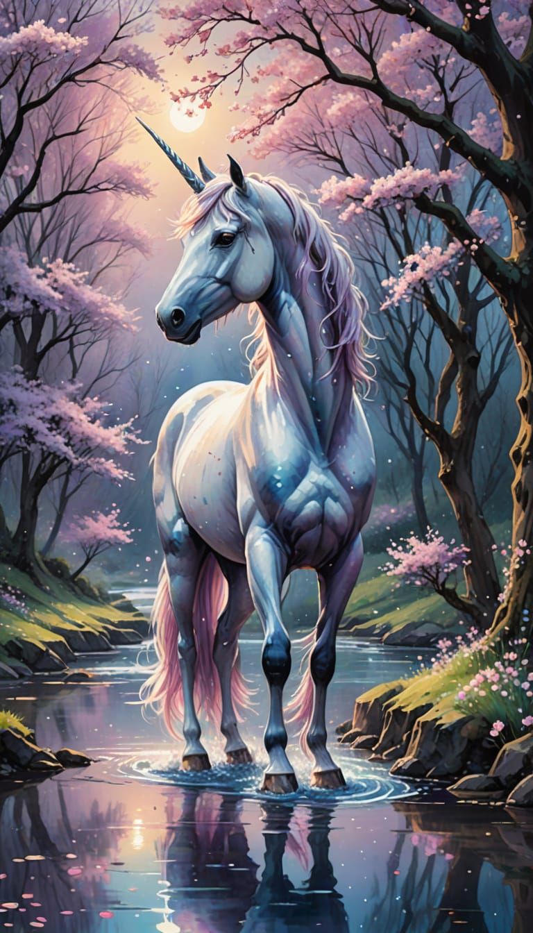 Whimsical Watercolor Unicorn in Cherry Blossom Glade